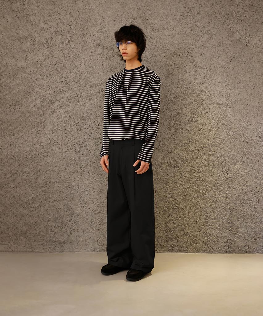 SIGNATURE One-Pleat Wide Cotton Pants [Black]