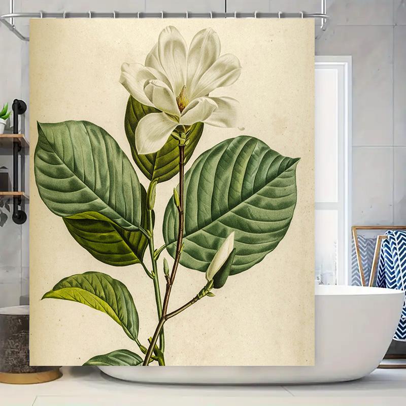 

Vintage Style Flower Print Shower Curtain Green Leaves White Blossoms Decorative Waterproof Bath Mat Cover for Home Bathroom Acc 90x180cm