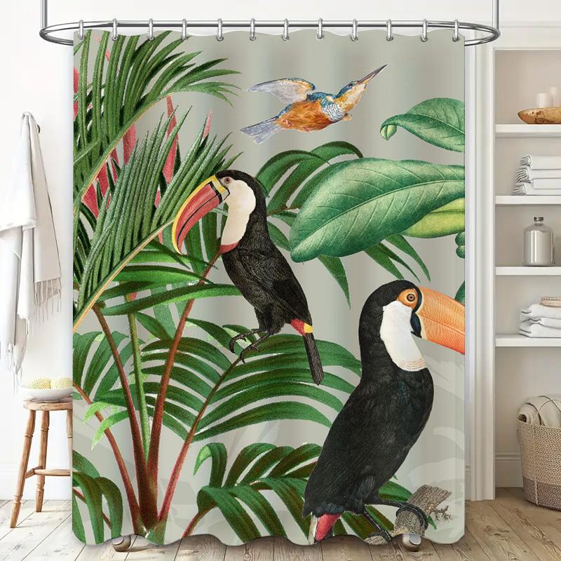 Tenda da Doccia Esotica con Uccelli Tropicali Design Toco Nero con Foglie Verdi Tessuto di Alta Qualità, Materiale Impermeabile per Bagno