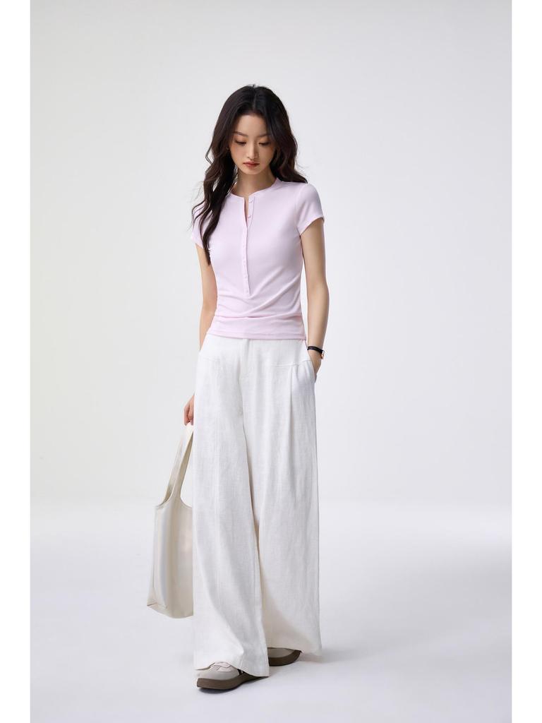 Women's Elegant Tencel Lyocell Henley Short Sleeve Slim Fit Top