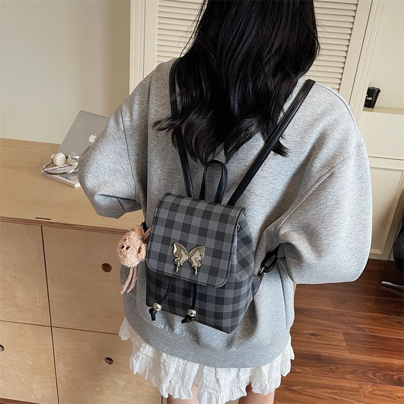 College Plaid Backpack Women's Casual Niche Design Butterfly Backpack Premium Handbag