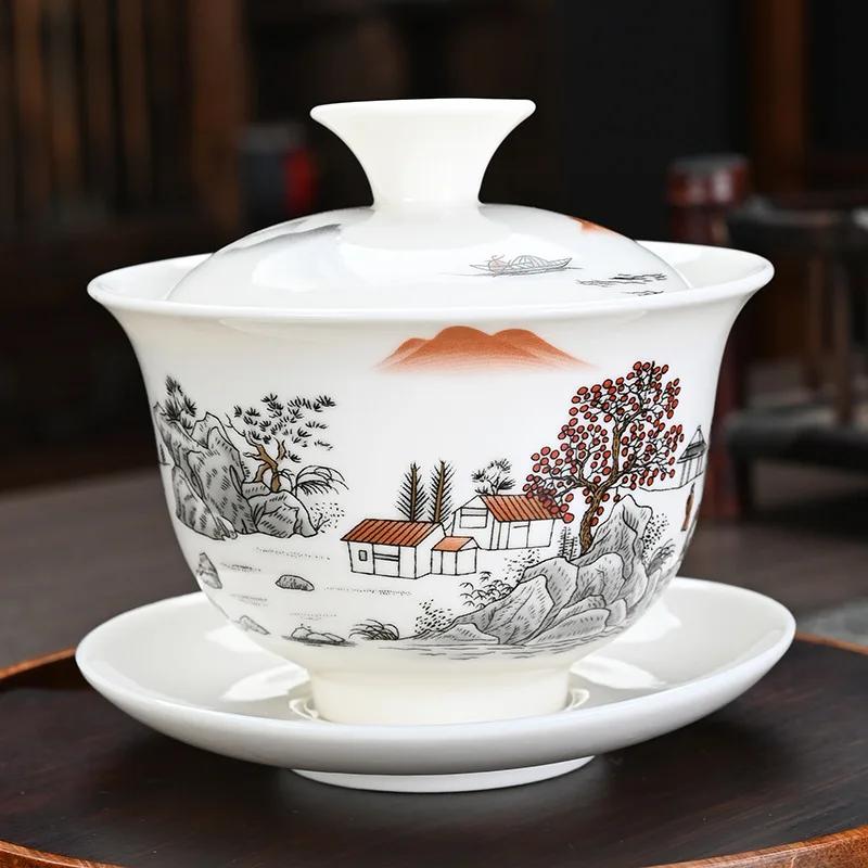 Ceramic Tea Tureen Lid Bowl Saucer Handmade Teaware Chinese Home Decor Kung Fu Porcelanas Tea Cup Sancai Gaiwan Tea Cups