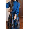 2025 Retro French Blue Knitted Sweater & Plaid Midi Skirt Set
