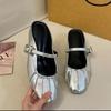 Baotou Half Slippers Women's Summer Outer Wear Sheepskin Inner Height Increase Small Lazy Pedal Silver Mary Jane Women's Shoes