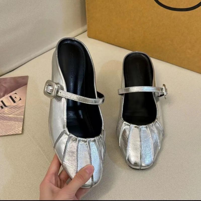 Baotou Half Slippers Women's Summer Outer Wear Sheepskin Inner Height Increase Small Lazy Pedal Silver Mary Jane Women's Shoes