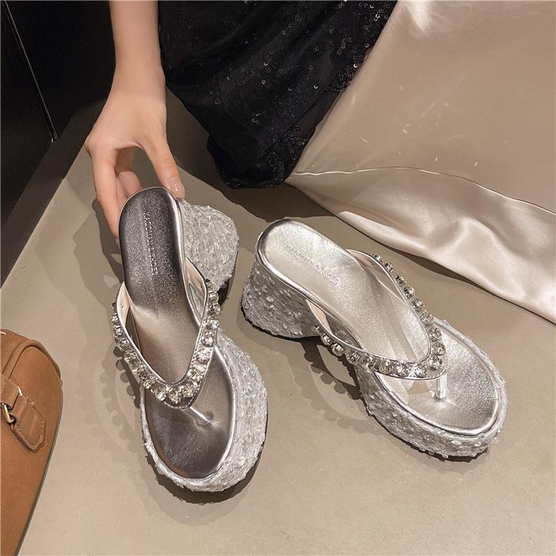 Small Man Heightening Super High Heels Rhinestone Flash Sequins Women's Summer Slope Heel Transparent Muffin Bottom Thick Bottom Cool Slippers