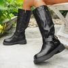 Belt Buckle British Style Side Zipper Mid Heel Boots  Autumn New Rivet Knight Boots for Women Pu Leather Fashion Botas Mujer