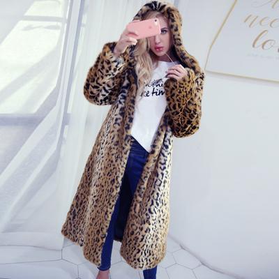 Autumn and Winter New Women's Long Hooded Imitation Fur Coat Top Women's Leopard Print Coat