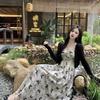 French gentle wind sleeveless dress women's summer design sense temperament waist printing A word suspender medium and long skirt