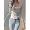 Korean Spring/Summer Slim Fit Sexy U-Neck Sheer Long Sleeve Curved Hem T-Shirt for Women