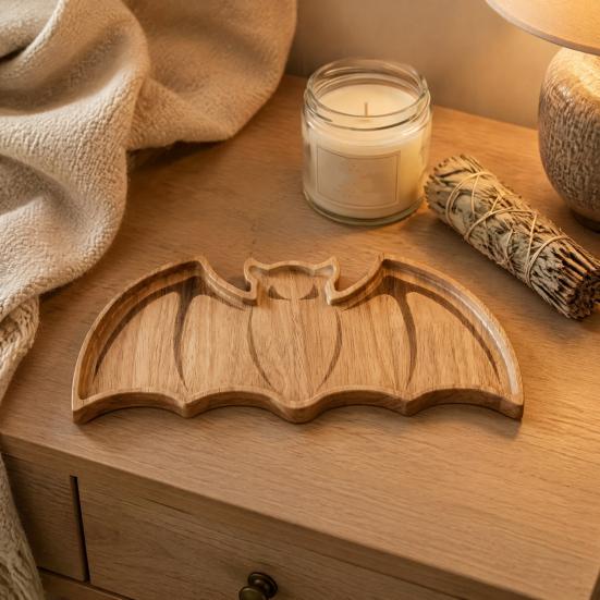Solid Wood Trinket Dish Bat-Shaped Wooden Serving Tray, Halloween Theme Snack Dessert Platter, Gothic Jewelry Storage Decorative Plate for And