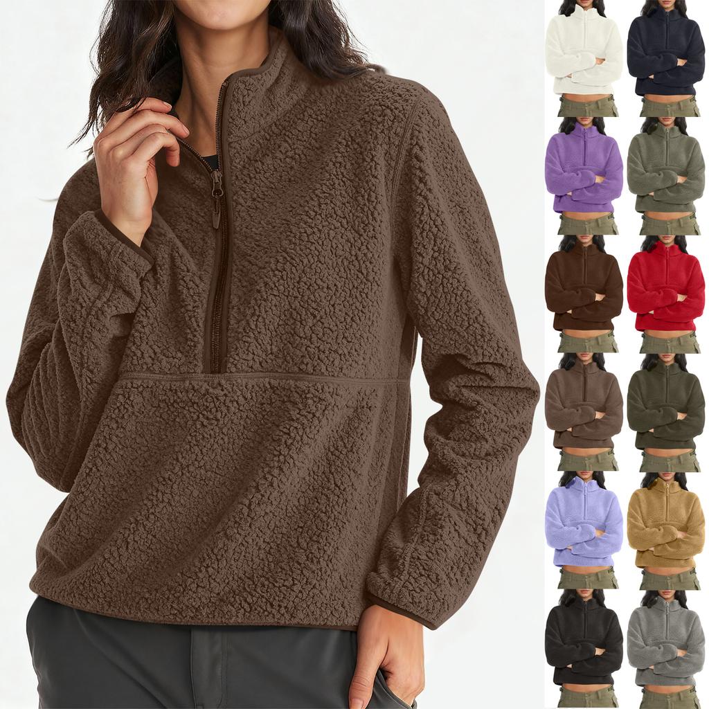 Women's Short Half-Zip Fleece Sweatshirt Plush Warm Cardigan