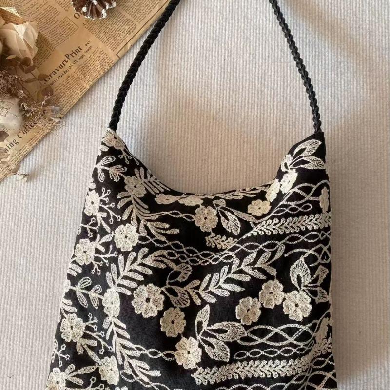 New original linen embroidery flower petals shoulder tote bag spring and summer versatile simple literary bag