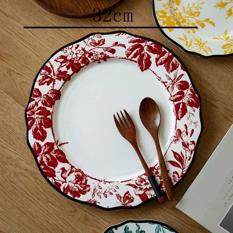 Keramikteller im europäischen Stil, Vintage, üppiger Blumendruck, westliches Essen, Speiseteller, Nachmittagstee, Dessertteller, Geschirr