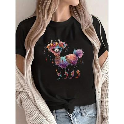 T-shirt da Donna Taglie Forti con Stampa Floreale di Lama e Corona, Vestibilità Larga, Girocollo, Manica Corta, Non Trasparente, Lavabile in Lavatrice, Top Casual