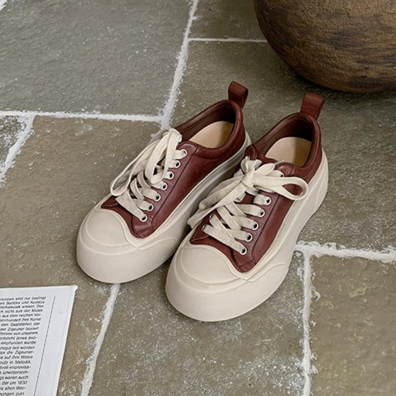 Horse Leather Version~ Versatile Round Head Casual Sports Board Shoes Lace-up Heightening Platform College Little White Shoes Women's 2025 New Models