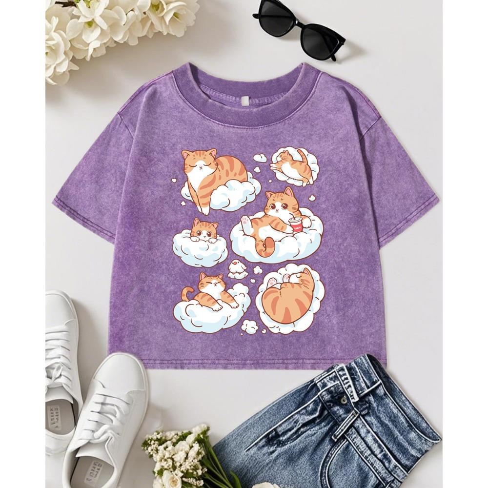 

6 Удобных Поз Лежа Для Кошек Принтованные Женские Выстиранные Футболки Хлопковая Футболка с Круглым Вырезом Y2K Облегающая Женская M