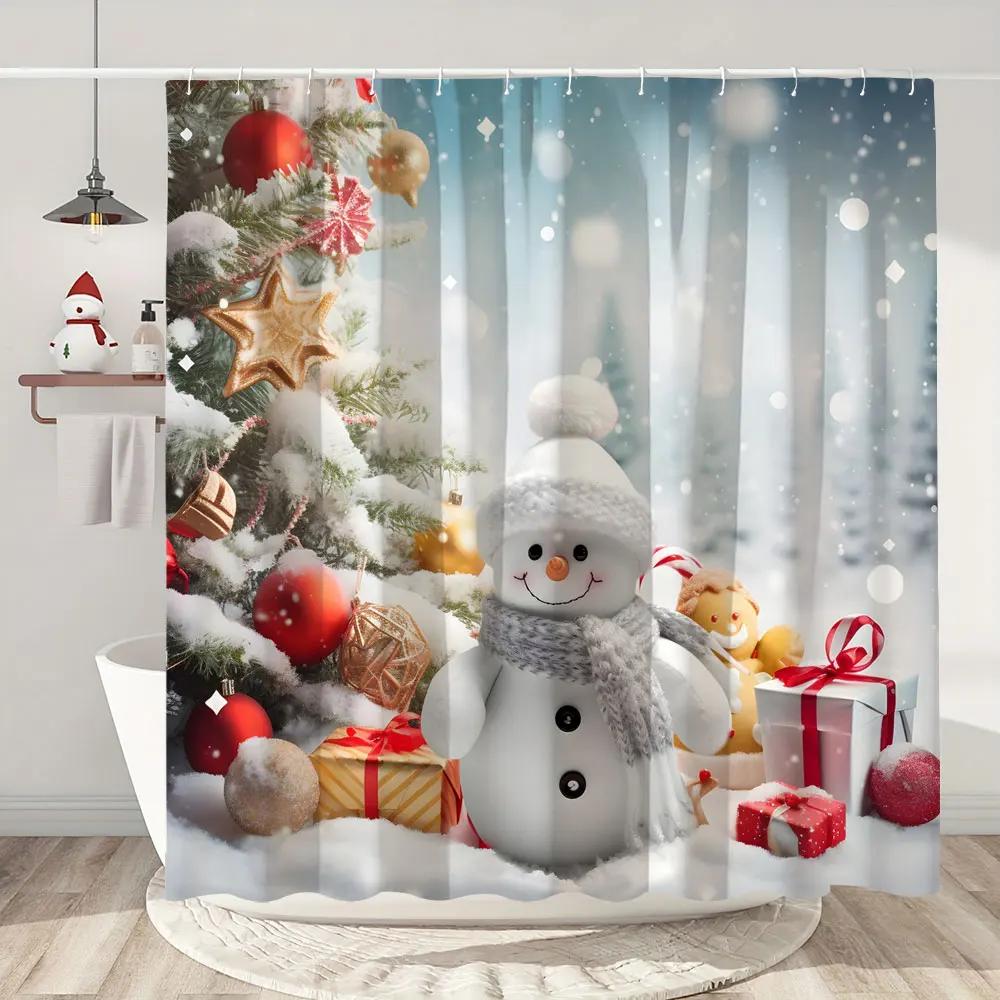 Christmas Shower Curtain Santa Claus Christmas Gifts Snowman Happy Holidays Polyester Shower Curtains Bathroom Deco with Hooks