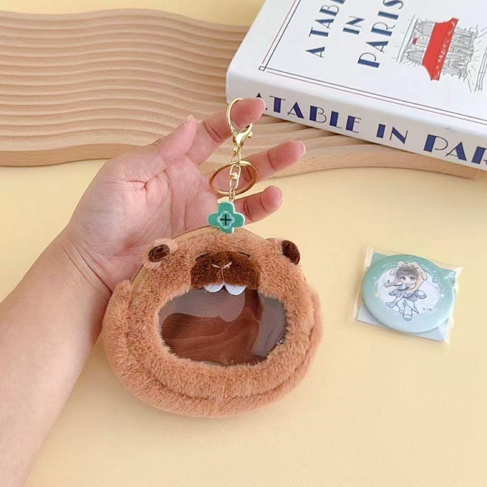 PP Cotton Capybara Zero Wallet Creative Transparent Badge Bag Gift Plush Doll Pendant  Kids