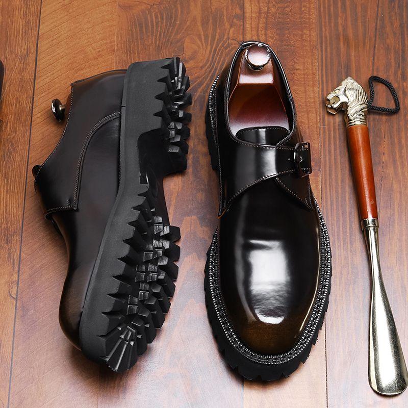 New Thick-Soled British Style Casual Wedding Leather Glossy Slip-On Height-Increasing Men's Formal Business Monk Shoes