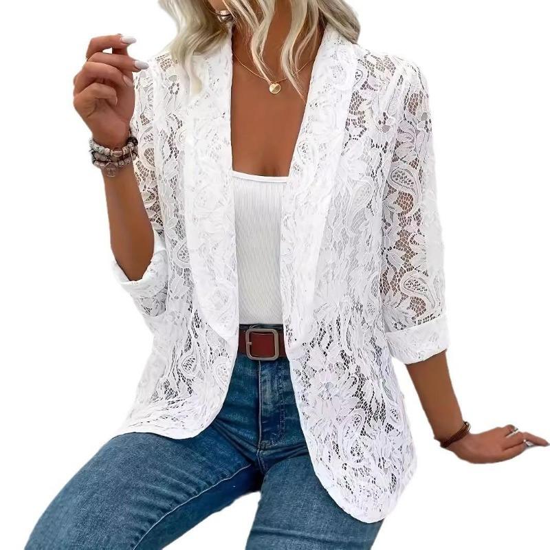 Women's Floral Lace Lapel Open Front Long Sleeve Elegant Cardigan Blazer Casual Outerwear Coat
