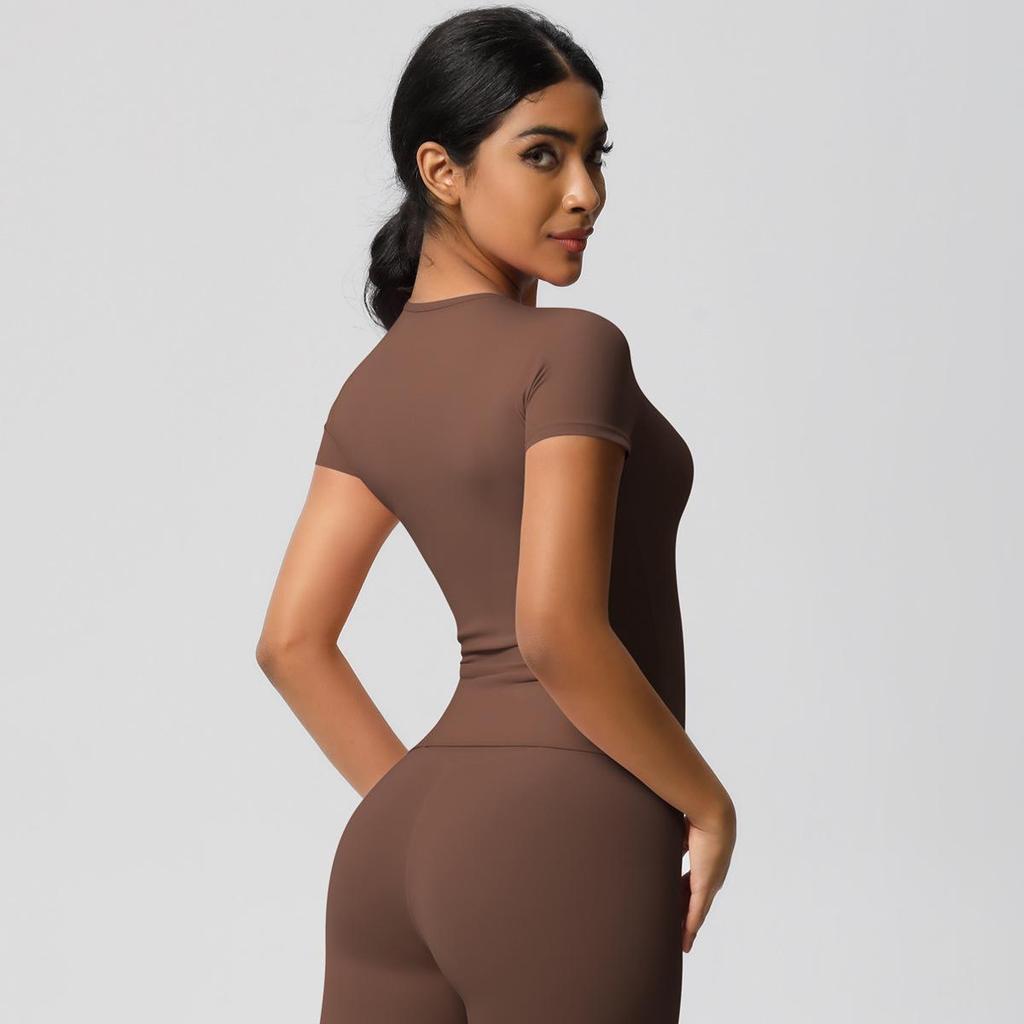 Gebürstetes Nude Slim-Fit Rundhals Yoga-Top - Kurzärmlig, Atmungsaktiv, Vielseitige Sportbekleidung