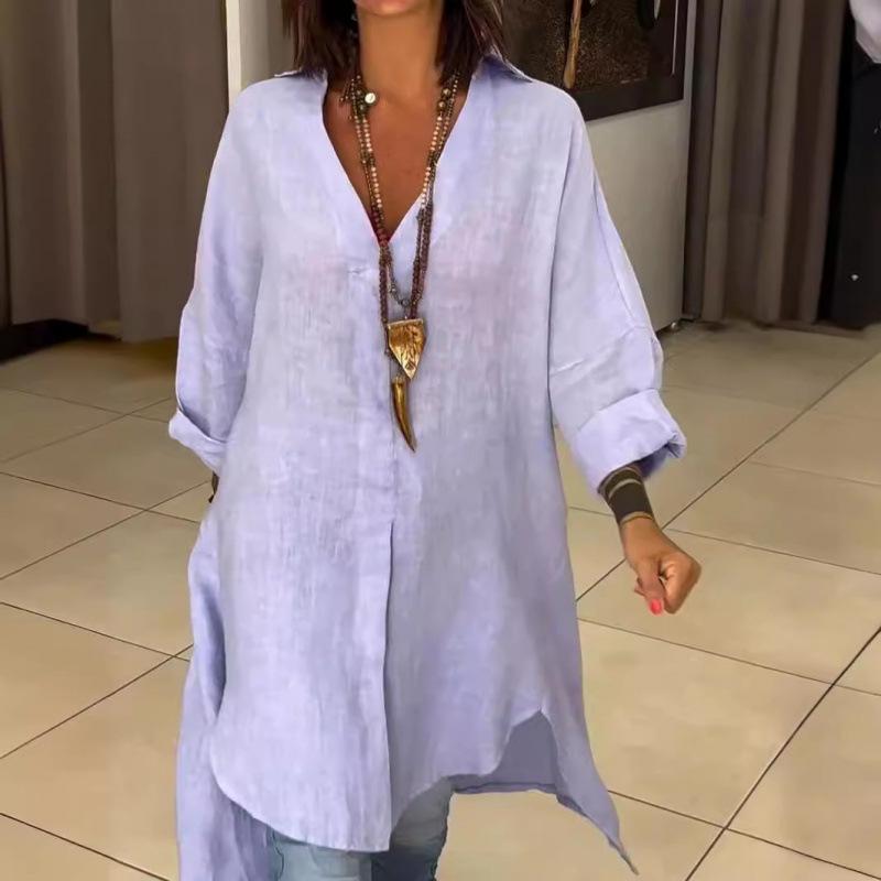 Women's Collared Long Sleeve Loose Fit Solid Color Linen Blend Tunic Shirt Dress Casual Summer Wear