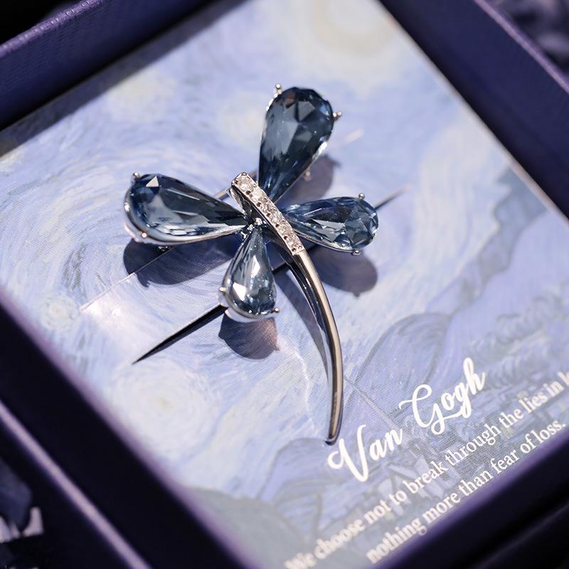 High-End Blue Crystal Dragonfly Brooch with Copper Zircon – Elegant Holiday Gift Jewelry