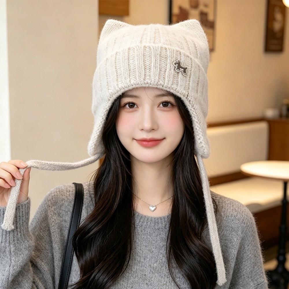 Chin Strap Cat Ear Knitted Hat 55cm To 60cm Circumference Earflap Hat  Snow Weather