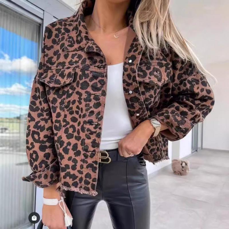 Leopard Print Long Sleeve Denim Short Jacket 2024