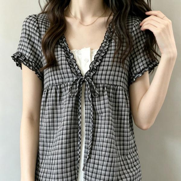 Summer new college style fake two-piece plaid short-sleeved shirt women's fungus edge loose and thin versatile top