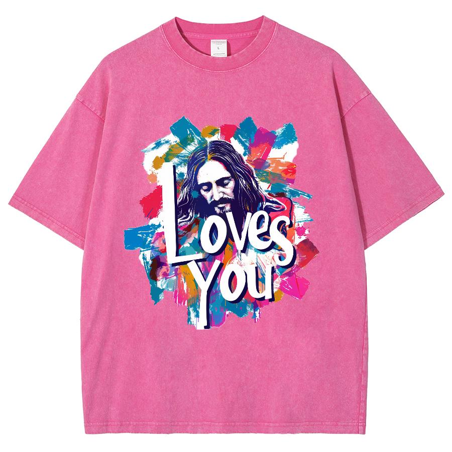 Loves You Letter Portrait Print Women's T-Shirt Washed Oversized Loose Mid Sleeve High Street Short Sleeve