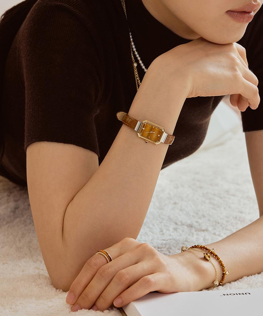 Lollalojeu Ms. Lola Tiger'S Eye Brown Metal Watch Leather Strap Set