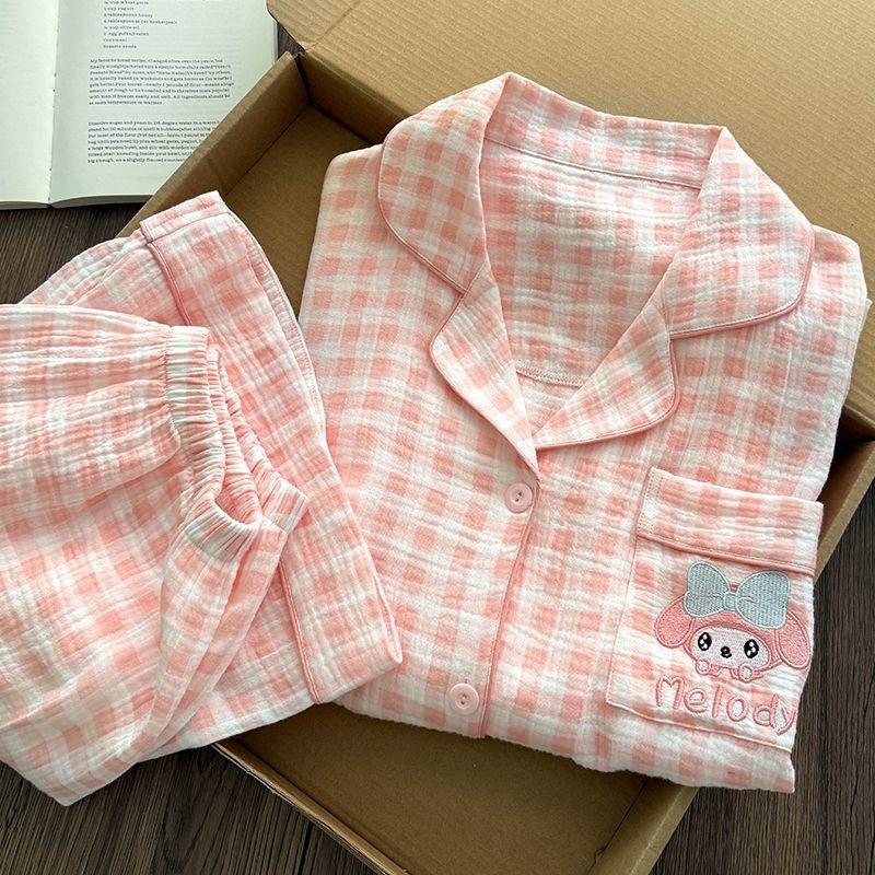 

Japanese cartoon pink plaid Melody pajamas women s summer short-sleeved shorts cardigan set can be worn outside loungewear S