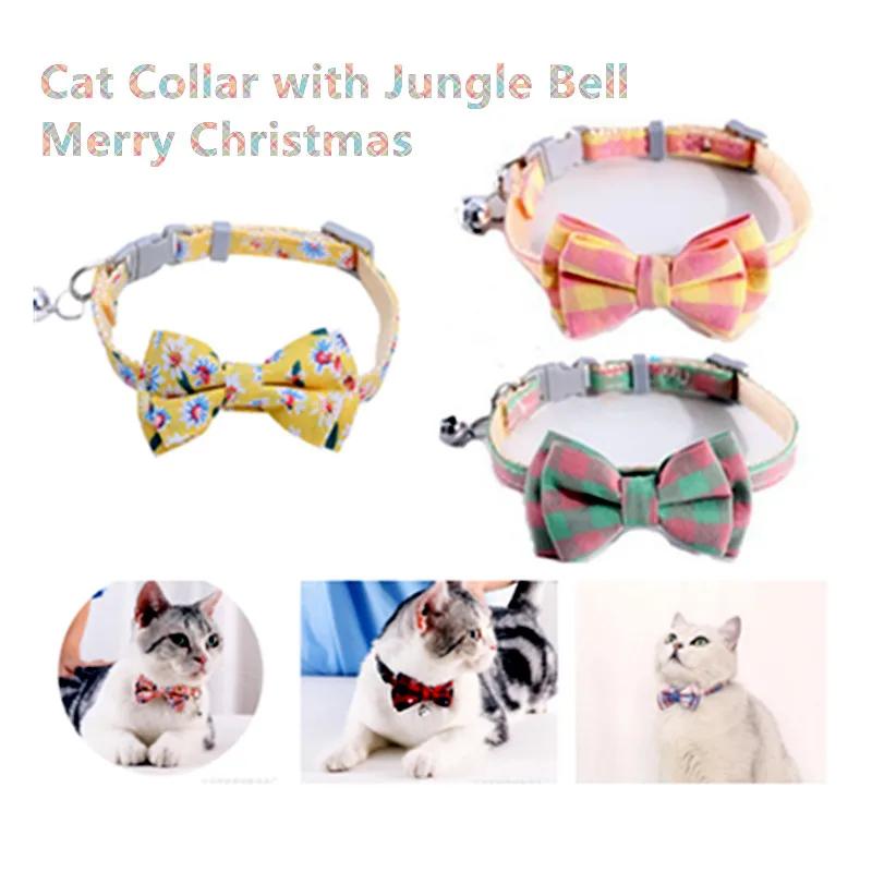 Pet Breakaway Cat Collar Bow Tie and Bell Cute Plaid Christmas Red Elastic Adjustable Dog Collar with Sash Bell New Year Gifts
