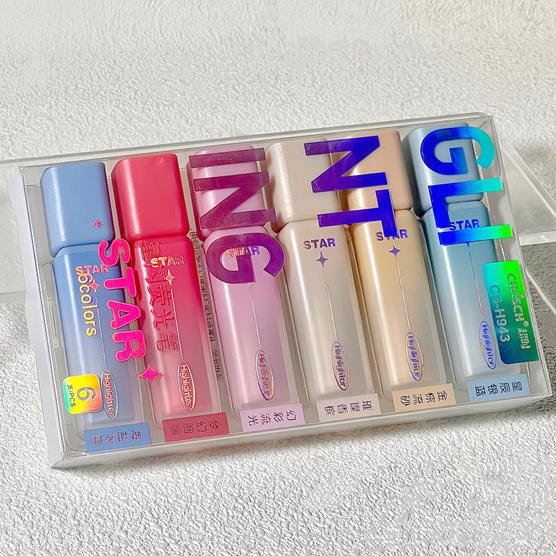

6Pcs/set Glitter Highlighter Pens Nebula Color Highlighters Fluorescent for Highlighting Students School Office Art Supplies
