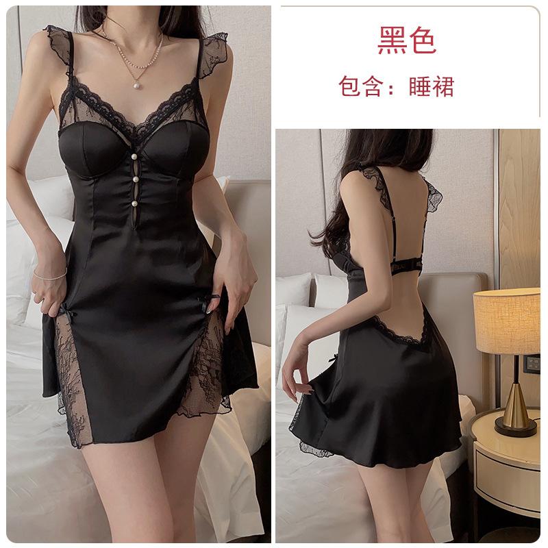 Sexy Backless Pajamas Perspective Lace Large Size Temptation Plus Chest Pad Nightdress Robe Home Set J