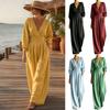 Soft Fabric Jumpsuit Women's Long Sleeve Jumpsuit, Deep V Neck Loose Wide Leg Lightweight Polyester Rompers, High Waist Summer Casual One Piece