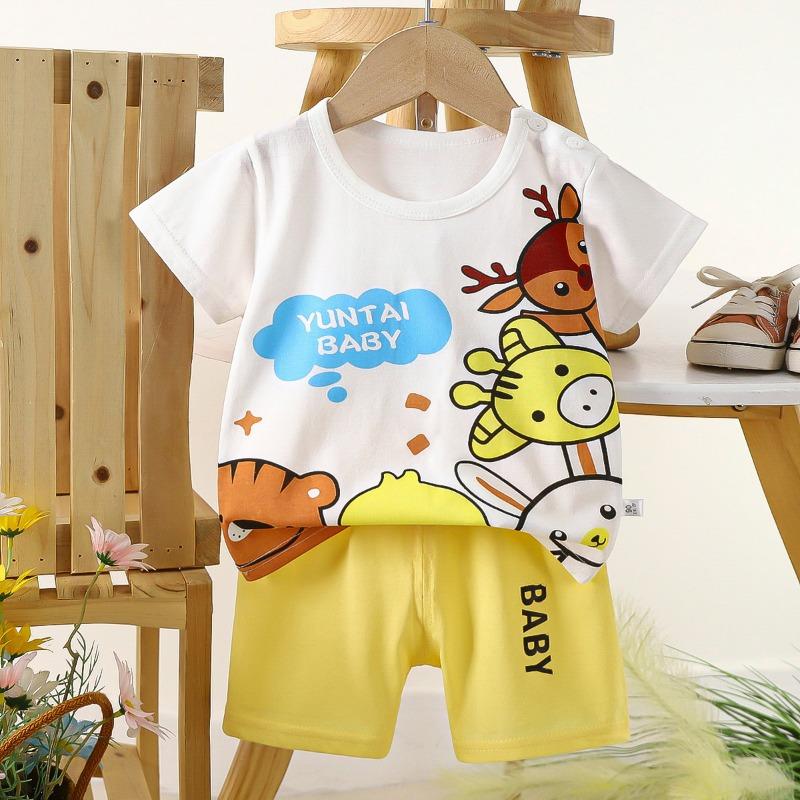 Sommer Kurzarm Cartoon Bedrucktes Kinderhosen-Set aus reiner Baumwolle, geeignet für Jungen und Mädchen Babykleidung