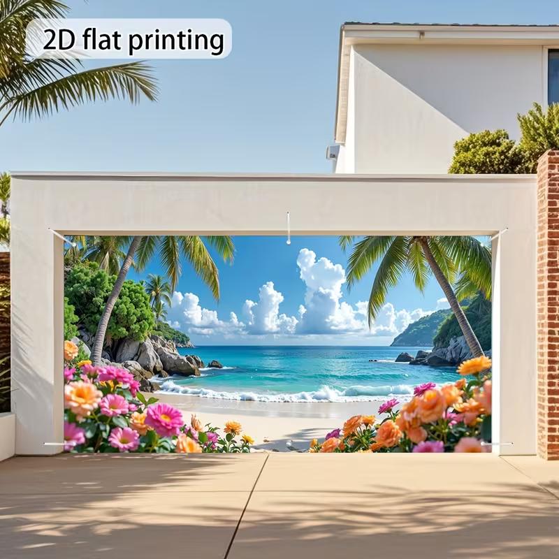 

2D Sunny Beach & Flowers Backdrop, 2D Flat Printed Tropical Ocean View Background Cloth 47.2x31.5inch/120*80cm