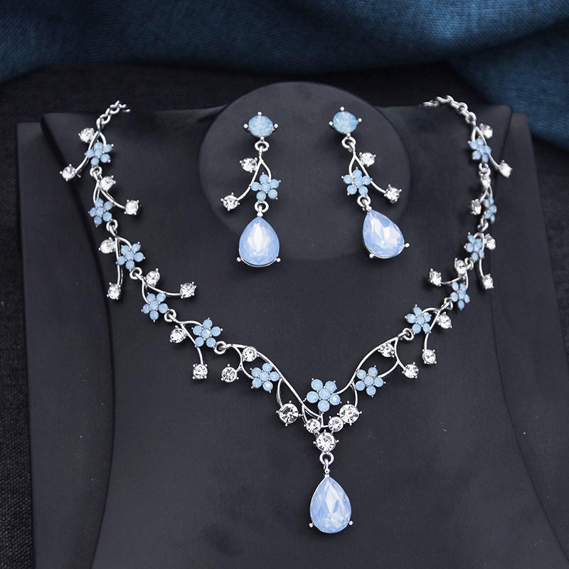 Rhinestone Water drop Flower Bridal Jewelry Sets for Women Earring and Choker Necklace Set Wedding Jewelry Sets 3 Pcs Set Gifts
