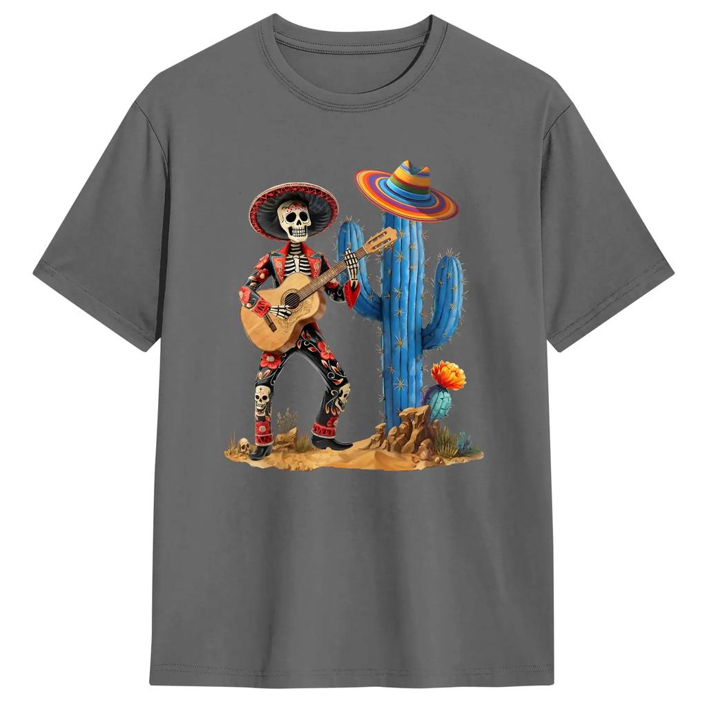Skeleton Cinco De Mayo Mariachi Fiesta Cactus Guitar Unisex T Shirts Hipster Tees Short Sleeve Round Collar TShirts 6XL Clothes
