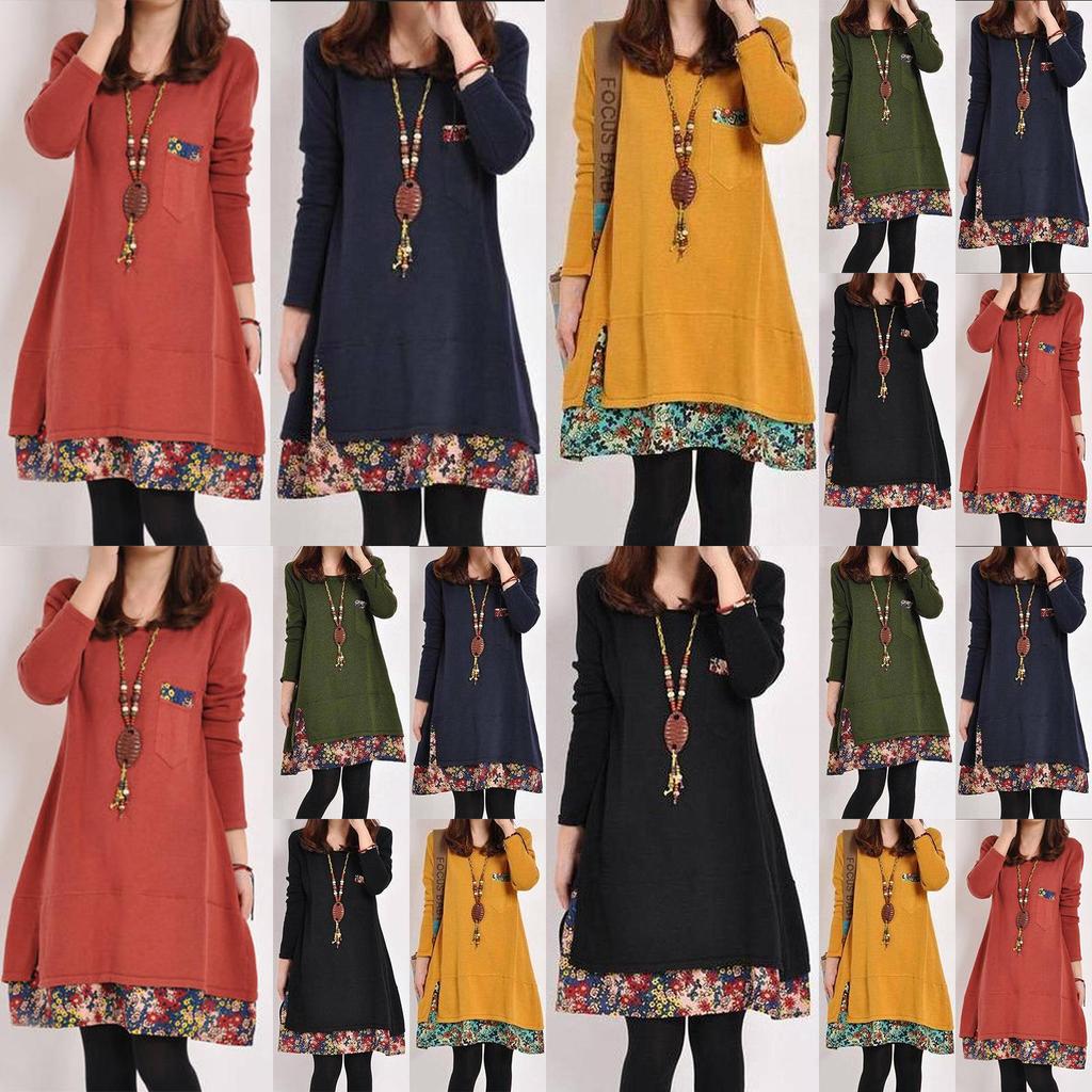 Cozy Women Fall Winter Floral Print Dress Long Sleeve Stylish Patchwork Jumper Top