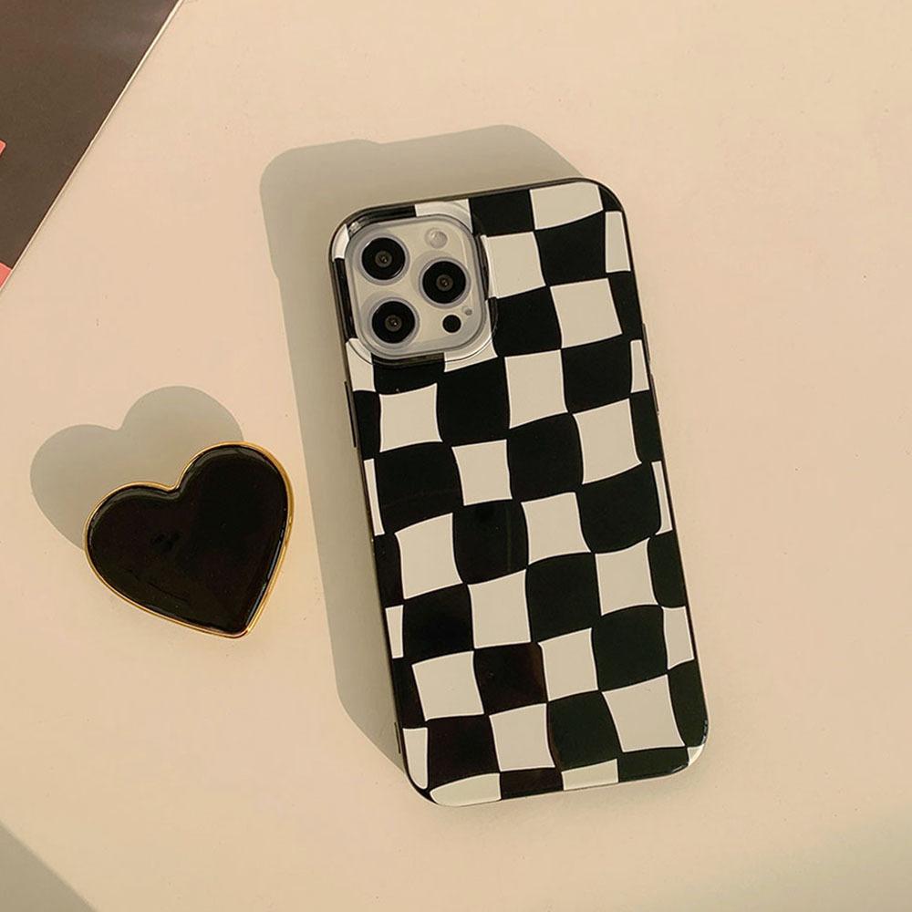 ins black and white grid love bracket 17 for iphone15pro max apple 16 mobile phone case 13 bright 14 soft