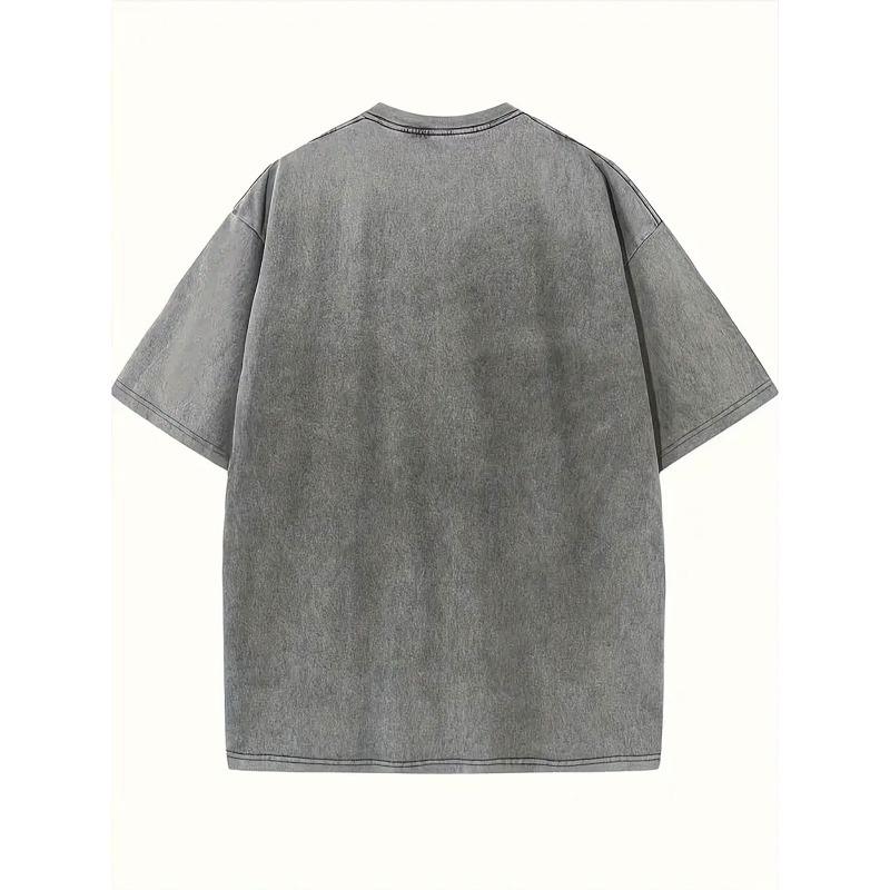 Men's Washed Solid Color T-shirt with Printed Patterns - Loose and Trendy Oversized Version, Retro and Vintage Style, Versatile and Casual