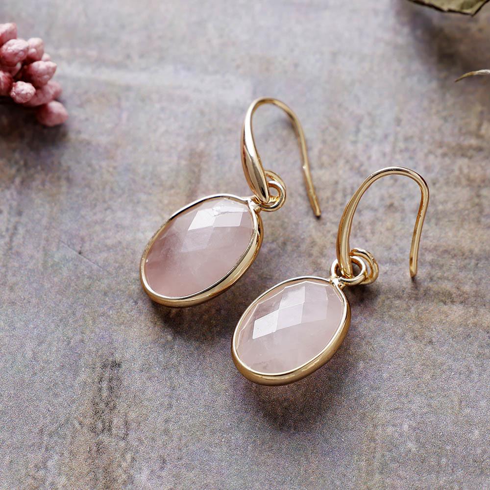 Natural stone crystal geometric earrings, ear hooks, earrings, Japanese and Korean simple design, real gold-plated popular jewelry. розовый кварц