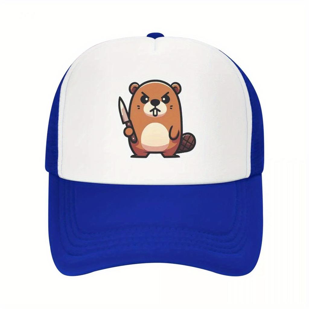 Angry Beaver With Knife Graphic Trucker Cap Polyester Mesh Baseball Hat Adjustable Casual Unisex Headwear