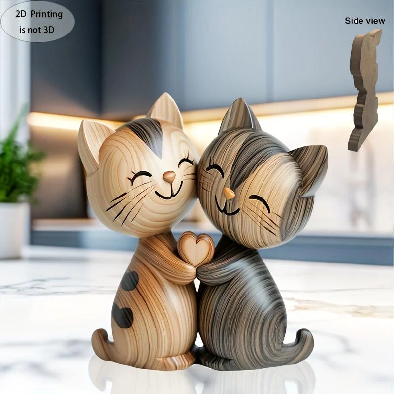 1PCS  2D Flat Print - Handmade Kitten Couple Wooden Sculpture, Charming 2D Gift for Cat Lovers