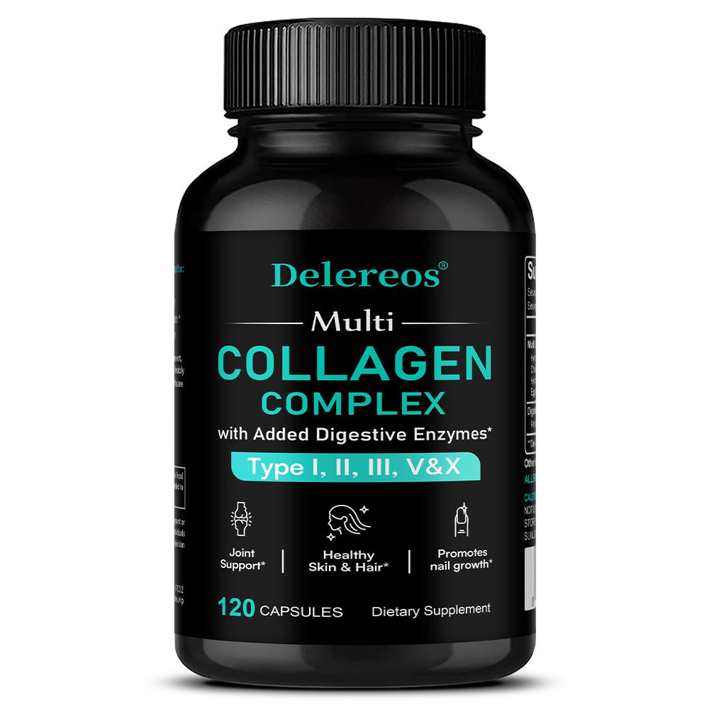 Multi Collagen Complex Dietary Supplement, With Enzyme Blend, 120 Capsules Per Bottle 120 Capsules