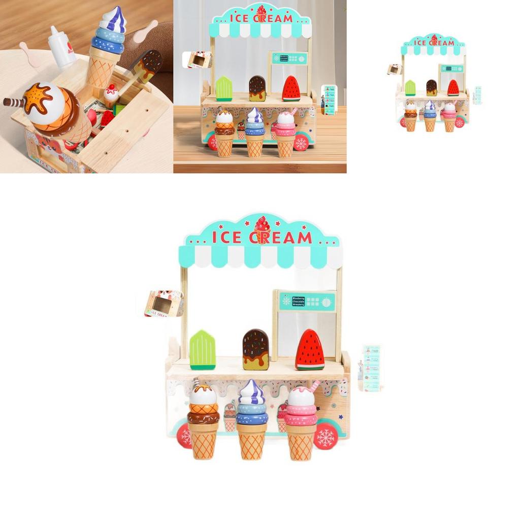 Wooden Simulation Ice Cream Cart Children Role Playing Toy Set For Imaginative Play And Parent Child Interaction